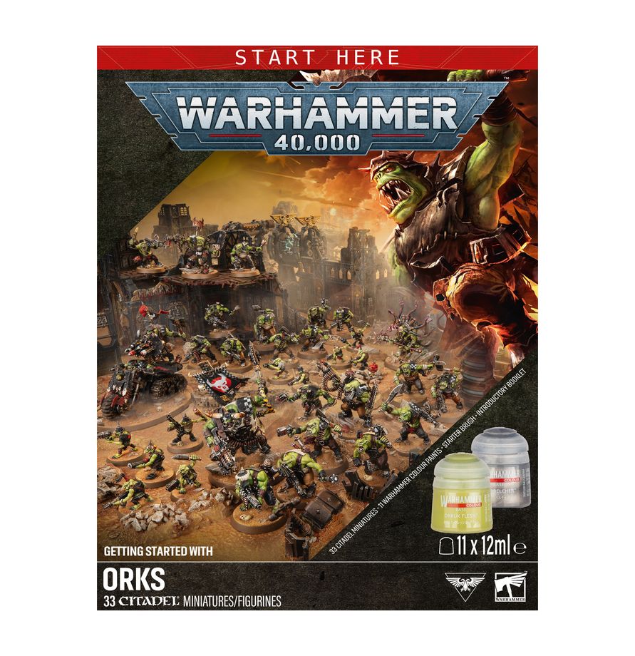 Release Date 7/25/2026
This box includes 33 push-fit Ork miniatures:
– 1 Warboss
– 1 Weirdboy
– 20 Ork Boyz
– 10 Gretchin
– 1 Wartrakk
This set contains the following Warhammer Colour paint pots and accessories:
– 1 Softcover 44-page Introductory Booklet
– 1 Warhammer Colour Starter Brush
– 1 Texture Spreader
– 1 Abaddon Black (Base)
– 1 Orruk Flesh (Base)
– 1 Runelord Brass (Base)
– 1 Leadbelcher (Base)
– 1 Zandri Dust (Base)
– 1 Wraithbone (Base)
– 1 Mephiston Red (Base)
– 1 Mournfang Brown (Base)
– 1 Daw