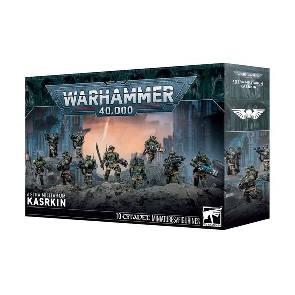 Release Date 8/8/2026
This multipart plastic kit builds a squad of 10 Kasrkin.
Contents:
– 166 plastic components
– 10 Citadel 28.5mm Round Bases
– 1 construction guide
– 1 Cadian Transfer Sheet

The Cadian Transfer Sheet features 597 high-quality waterslide transfers. These include symbols for regiments from Cadia, as well as logos, numerals, and markings to decorate your miniatures.

These miniatures require assembly and are supplied unpainted. We recommend:
– Citadel Tools: Super Fine Detail Cutters
– Wa
