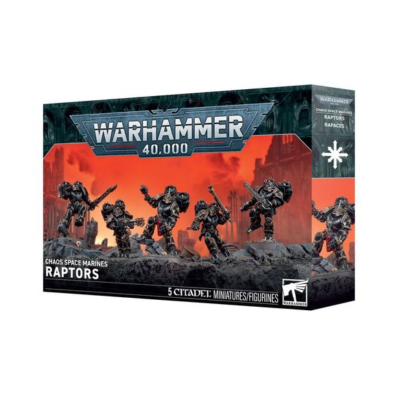 Release Date 8/8/2026
This multipart plastic kit builds a squad of 5 Raptors. 
Contents:
– 160 plastic components
– 5 Citadel 32mm Round Bases
– 1 Chaos Space Marines Infantry Transfer Sheet
– 1 construction guide

The Chaos Space Marines Infantry Transfer Sheet features 364 high-quality waterslide transfers. These include transfers for the Black Legion, Thousand Sons, Word Bearers, Alpha Legion, Iron Warriors, and Night Lords. Each section features icons in various sizes to decorate your miniatures.

These