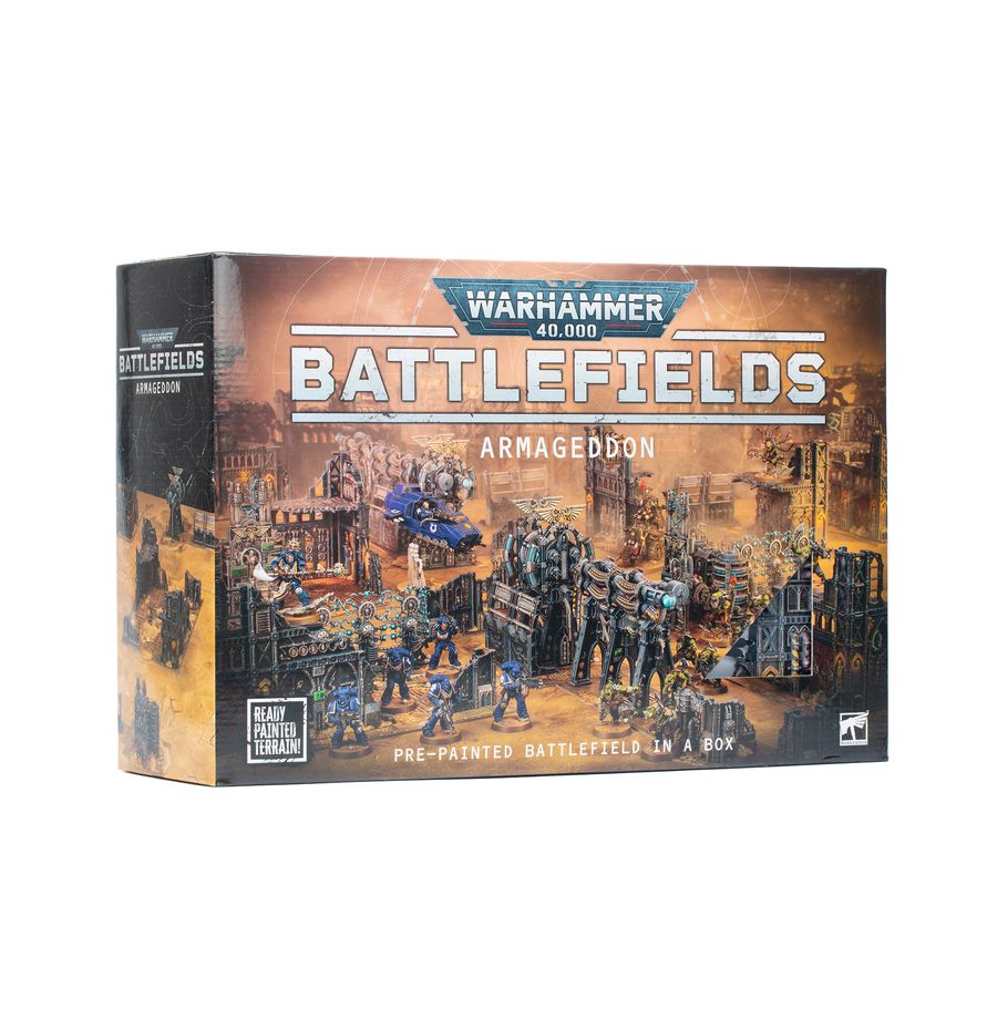 <p><strong>Warhammer 40,000: Battlefields – Armageddon</strong> from Games Workshop transforms your tabletop into a war-torn industrial battlefield with pre-painted, modular terrain. This expansive scenery set includes 30 push-fit terrain pieces featuring Manufactorum ruins, Shock Arrays, Capacitor Stacks, Rockcrete Barricades, Generator Shrines, and Galvanic Pylons. Four fold-out game boards and 16 double-sided terrain objective markers provide everything needed to create immersive Warhammer 40,000 battlef