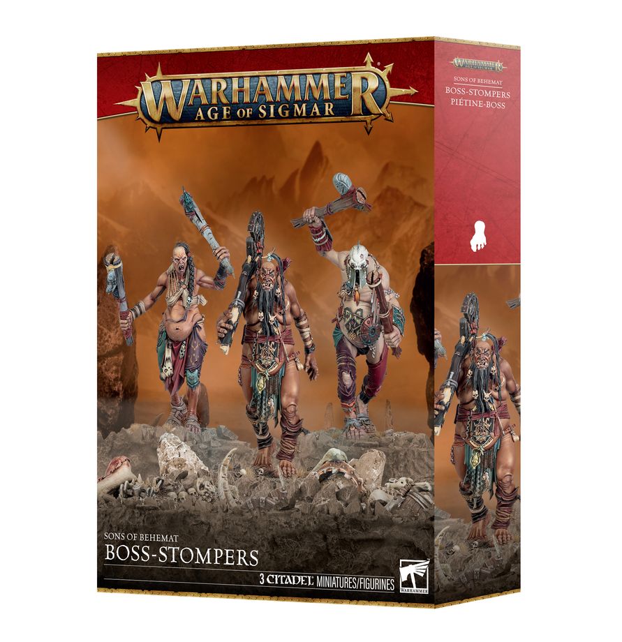 Release Date 9/26/2026
Build a hard-hitting unit for your Sons of Behemat army with the Warhammer Age of Sigmar Boss-Stompers multipart plastic kit.

This boxed set includes everything needed to assemble 3 Boss-Stompers, brutal close-combat fighters designed to smash through enemy units with oversized clubs and overwhelming strength. One model can be assembled as a unit Champion, and the kit includes 6 interchangeable club-head designs for additional customization.

The same miniatures can also be assembled
