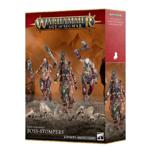 Release Date 9/26/2026
Build a hard-hitting unit for your Sons of Behemat army with the Warhammer Age of Sigmar Boss-Stompers multipart plastic kit.

This boxed set includes everything needed to assemble 3 Boss-Stompers, brutal close-combat fighters designed to smash through enemy units with oversized clubs and overwhelming strength. One model can be assembled as a unit Champion, and the kit includes 6 interchangeable club-head designs for additional customization.

The same miniatures can also be assembled