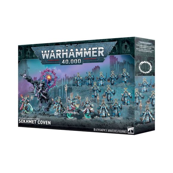 Release Date 2/14
This boxed set builds 15 multipart plastic Thousand Sons miniatures:
– 1x Infernal Master
– 3x Exalted Sorcerers
– 10x Scarab Occult Terminators
– 1x Mutalith Vortex Beast (which can alternatively be built as a Slaughterbrute)
The kit also includes 2x Chaos Space Marine Transfer Sheets, each containing 364 high-quality waterslide transfers. These feature symbols for the Thousand Sons, Black Legion, Word Bearers, Iron Warriors, Alpha Legion, and Night Lords, along with generic icons relatin