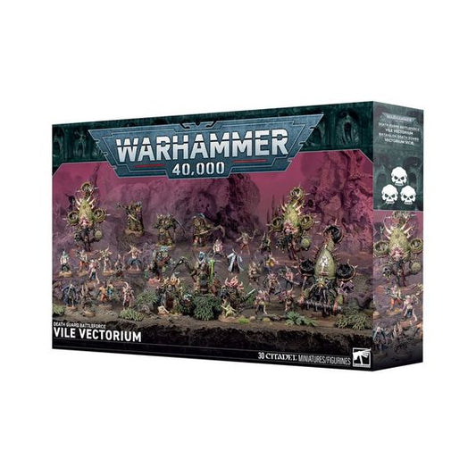 Release Date 2/14
This boxed set builds 30 multipart plastic Death Guard miniatures:
– 1x Lord of Contagion
– 3x Blightlord Terminators
– 3x Deathshroud Terminators
– 3x Foetid Bloat-drones
– 20x Poxwalkers
This kit comprises 257 plastic components, 3x Citadel 60mm Round Bases, 3x Citadel 40mm Round Bases, 4x Citadel 40mm Round Hex Hole Bases, and 20x Citadel 25mm Round Bases. These miniatures require assembly and are supplied unpainted – we recommend using Citadel Plastic Glue and Citadel Colour paints.