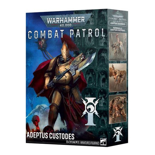 Release Date 10/17/2026
<p><strong>Warhammer 40,000: Combat Patrol – Adeptus Custodes</strong> is a complete force for starting or expanding an elite Adeptus Custodes army. Led by a Shield-Captain, this box combines durable Sentinel Guard, fast-moving Venatari, and a powerful Contemptor Dreadnought for a flexible army built to dominate close-range engagements and tactical objectives.</p>

<p>This set builds 11 multipart plastic miniatures: 1 Shield-Captain, 6 Sentinel Guard, 3 Venatari, and 1 Contemptor-Ach