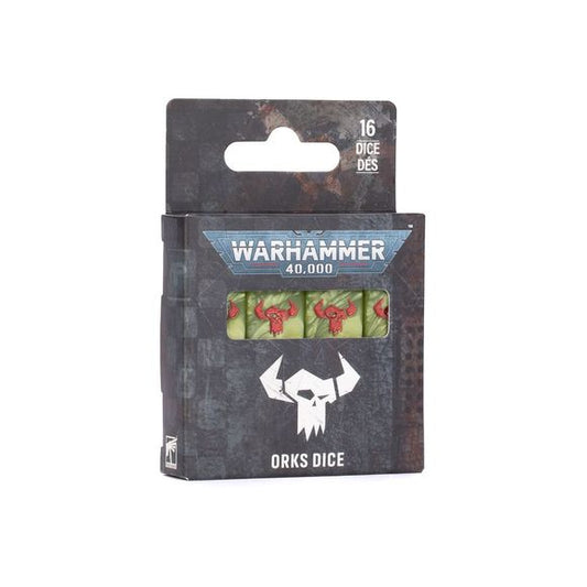 Release Date 9/05/2026
This is a set of 16 six-sided dice with squared edges for use in games of Warhammer 40,000, themed around the Orks. They are cast in green acrylic plastic with red ink markings, and measure 16mm along each edge. The 1-5 facings are traditionally pipped, and each '6' face is decorated with the Orks logo.