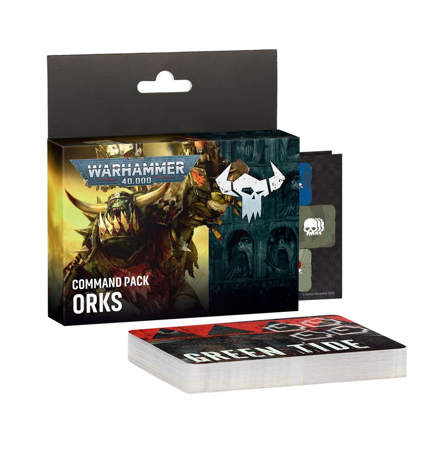 Release Date 9/5/2026
Command pack includes 94 reference cards and 36 double-sided tokens to assist you with all Ork rules in games of 40k.