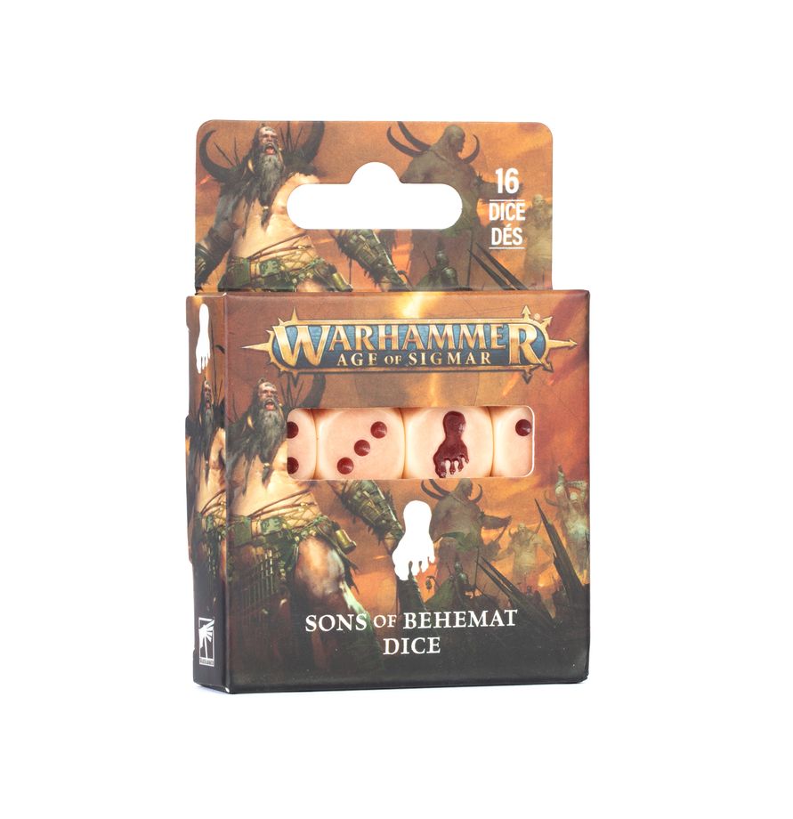 Release Date 9/26/2026
This is a set of 16 six-sided dice with rounded edges for use in games of Warhammer Age of Sigmar, themed around the Sons of Behemat. They are cast in bone-coloured acrylic plastic with dark red ink markings, and measure 16mm along each edge. The 1-5 facings are traditionally pipped, and each '6' face is decorated with the stomping foot icon of the Sons of Behemat.