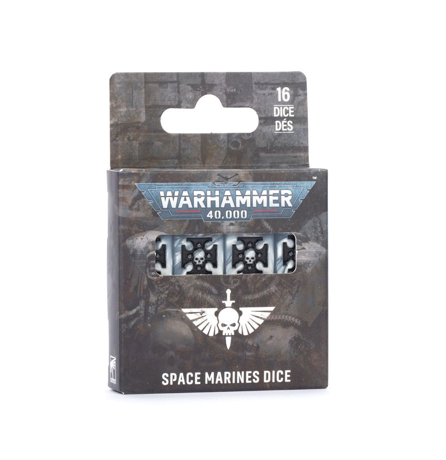 Release Date 10/03/2026
This is a set of 16 six-sided dice with squared edges for use in games of Warhammer 40,000, themed around the Space Marines. They are cast in metallic silver acrylic with black ink markings, and measure 16mm along each edge. The 1-5 facings are traditionally pipped, and each '6' face is decorated with the Crux Terminatus icon of the Space Marines.