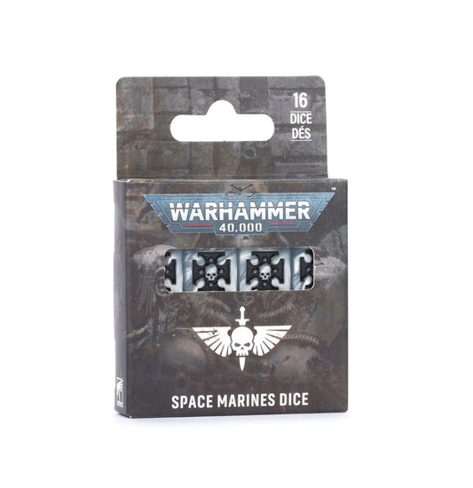 Release Date 10/03/2026
This is a set of 16 six-sided dice with squared edges for use in games of Warhammer 40,000, themed around the Space Marines. They are cast in metallic silver acrylic with black ink markings, and measure 16mm along each edge. The 1-5 facings are traditionally pipped, and each '6' face is decorated with the Crux Terminatus icon of the Space Marines.