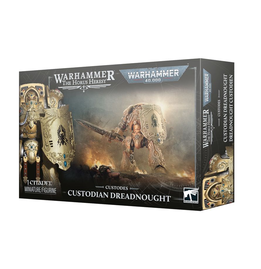Release Date 10/17/2026
<p><strong>Warhammer: Adeptus Custodes – Custodian Dreadnought</strong> brings devastating close-combat power to your Adeptus Custodes or Legio Custodes army. This highly customizable Contemptor Dreadnought can be built as the spear-wielding Achillus or the shield-bearing Galatus, giving players two distinct ways to add an elite war machine to their force.</p>

<p>This multipart plastic kit builds 1 Custodian Dreadnought and includes 162 components, a Citadel 60mm round base, and a L