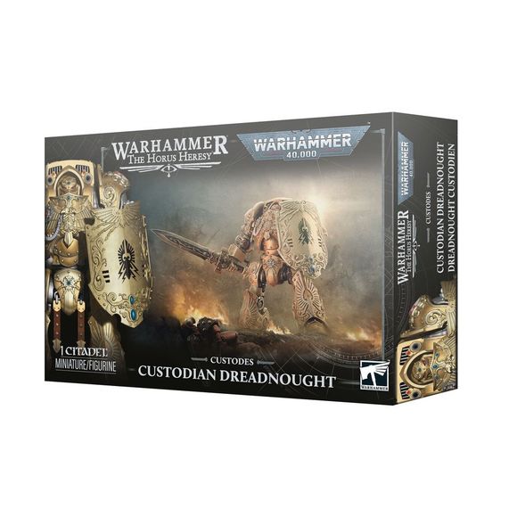 Release Date 10/17/2026
<p><strong>Warhammer: Adeptus Custodes – Custodian Dreadnought</strong> brings devastating close-combat power to your Adeptus Custodes or Legio Custodes army. This highly customizable Contemptor Dreadnought can be built as the spear-wielding Achillus or the shield-bearing Galatus, giving players two distinct ways to add an elite war machine to their force.</p>

<p>This multipart plastic kit builds 1 Custodian Dreadnought and includes 162 components, a Citadel 60mm round base, and a L