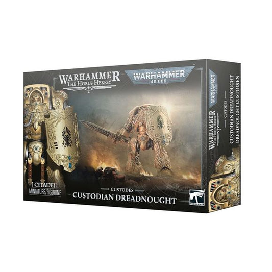 Release Date 10/17/2026
<p><strong>Warhammer: Adeptus Custodes – Custodian Dreadnought</strong> brings devastating close-combat power to your Adeptus Custodes or Legio Custodes army. This highly customizable Contemptor Dreadnought can be built as the spear-wielding Achillus or the shield-bearing Galatus, giving players two distinct ways to add an elite war machine to their force.</p>

<p>This multipart plastic kit builds 1 Custodian Dreadnought and includes 162 components, a Citadel 60mm round base, and a L