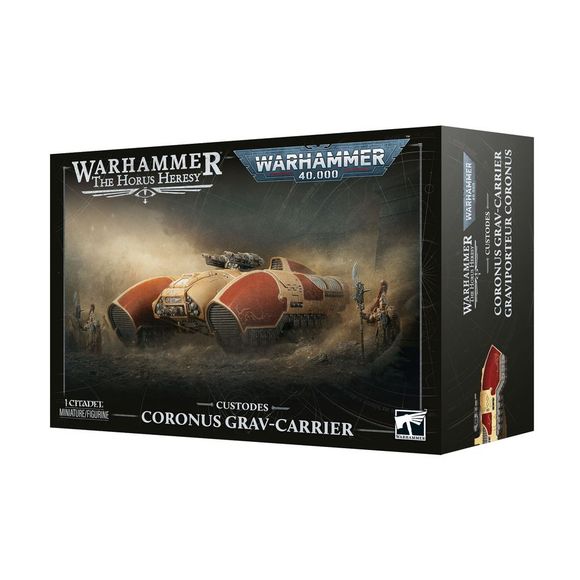 Release Date 10/17/2026
<p><strong>Warhammer: Adeptus Custodes – Coronus Grav-Carrier</strong> delivers heavily armored transport and fire support for Adeptus Custodes and Legio Custodes armies. Built to carry elite warriors safely into battle, this fast antigrav vehicle is armed with a Twin Arachnus Blaze Cannon and a choice of Twin Lastrum Bolt Cannon or Twin Neutronium Cascade Projectors.</p>

<p>This multipart plastic kit builds 1 Coronus Grav-Carrier and includes 130 components, a Citadel 170mm x 109mm