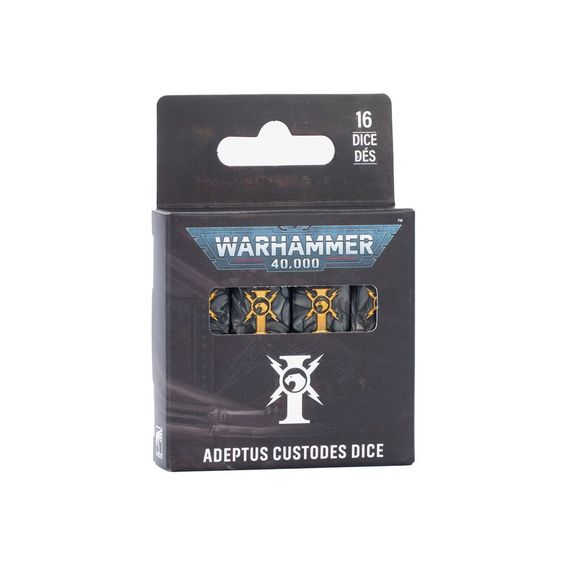 Release Date 10/17/2026
<p><strong>Warhammer 40,000: Adeptus Custodes Dice Set</strong> brings the unmistakable style of the Emperor’s elite guardians to every roll. This themed set includes 16 black six-sided dice with striking gold markings and the Adeptus Custodes faction icon replacing the traditional 6 face.</p>

<p>Each die measures 16mm with squared edges, making this set ideal for Warhammer 40,000 games, Adeptus Custodes armies, tournaments, and collectors. Designed to complement the faction’s iconi