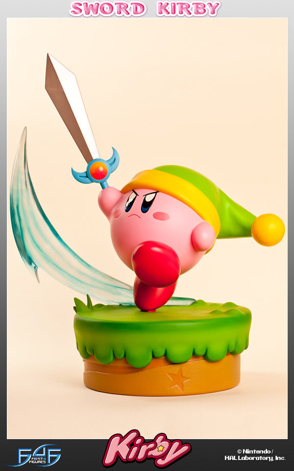 This statue has no edition number, and was a replacement and is in new and unopened condition.

First 4 Figures is proud to present Sword Kirby, the first in a collection based on the cute, fun, and timeless Kirby series. Sword Kirby is made from polystone resin and hand painted with the series' bright and vibrant colors. From the bottom of the base to the tip of his sword, Kirby measures 16 inches tall. This Exclusive Edition has Kirby's blue sword streak is illuminated through use of LED lighting.
Limited