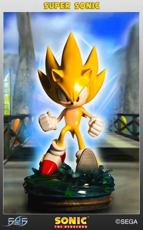 This statue has no edition number, and was a replacement and is in new and unopened condition. 

First 4 Figures presents a statue of Super Sonic from their Modern Sonic the Hedgehog collection. Super Sonic is splashing down into the flooded ruins of Station Square, during the climactic final fight with Perfect Chaos at the end of Sonic Adventure. This 16.5 inch tall statue is made of high-quality polystone resin and is hand painted. Special painting techniques have even been applied to the figure to give S