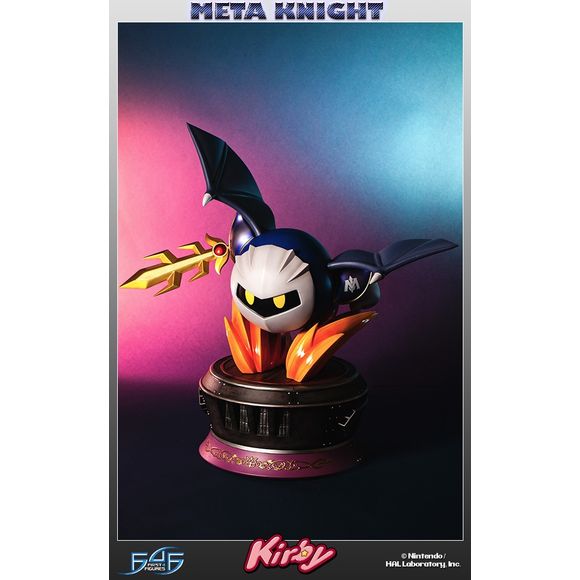 This statue has no edition number, and was a replacement and is in new and unopened condition.

rst 4 Figures presents Kirby’s enigmatic masked rival: Meta Knight! Meta Knight is seen swooping through the air over the decks of the Battleship Halberd, leaving a trail of flame in his wake. As he flies, he prepares to swing Galaxia into any intruder who may dare to trespass aboard his ship.

This 16 inch tall statue has been cast in high quality polystone resin, and hand-painted to ensure even the finest detai