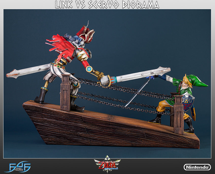 This statue has no edition number, and was a replacement and is in new and unopened condition. 

First 4 Figures is proud to present the Link vs. Scervo diorama! This dynamic diorama is based on scenes from The Legend of Zelda: Skyward Sword. The Link and Scervo figures stand on the bowsprit of the Sandship, locked in an intense sword duel to the death. The base is cast in high quality polystone that has been hand painted to produce an outstanding finish.  The figure are made of high-quality PVC plastic. Th