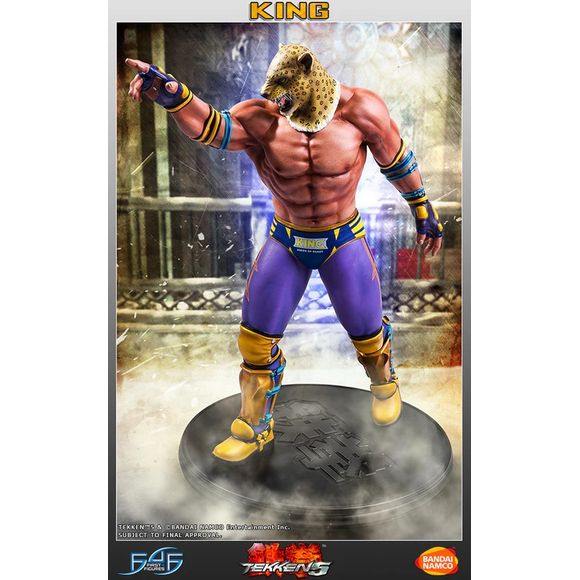 This statue has no edition number, and was a replacement and is in new and unopened condition. First 4 Figures is proud to present the masked King II! Presented in his appearance seen in Tekken 5, King is stood beckoning to his next challenger to take him on in combat.

Being cast in high quality polystone, every detail on King has been captured perfectly, and is finished with a detailed hand-painted finish. A great deal of extra detail has also been added to King’s character, including whiskers on his mask