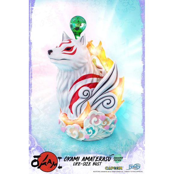 First 4 Figures is proud to present Okami Amaterasu Life Size Bust. She stands at 26.5 inches tall from the top of Issun's glowing orb to the rotatable base making for a simply stunning display centerpiece for any Okami fan. This is the Exclusive edition of Okami Amaterasu Life Size Bust where animated LED's are included throughout the flames surrounding the Solar Reflector and Amaterasu's body giving off an illusion of a fire effect. 

Measures approximately 26.5" tall