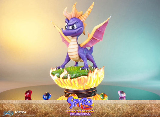 This statue has no edition number, and was a replacement and is in new and unopened condition. 

Being cast in high-quality polystone, every detail on Spyro the Dragon has been captured perfectly, and is finished with a detailed hand-painted finish. Spyro's iconic colours are represented closely to the classic style of the character.

Comes in deluxe full-colour packaging with moulded foam interiors, and an authenticity card that allows you to register your purchase with First 4 Figures online, thus ensurin