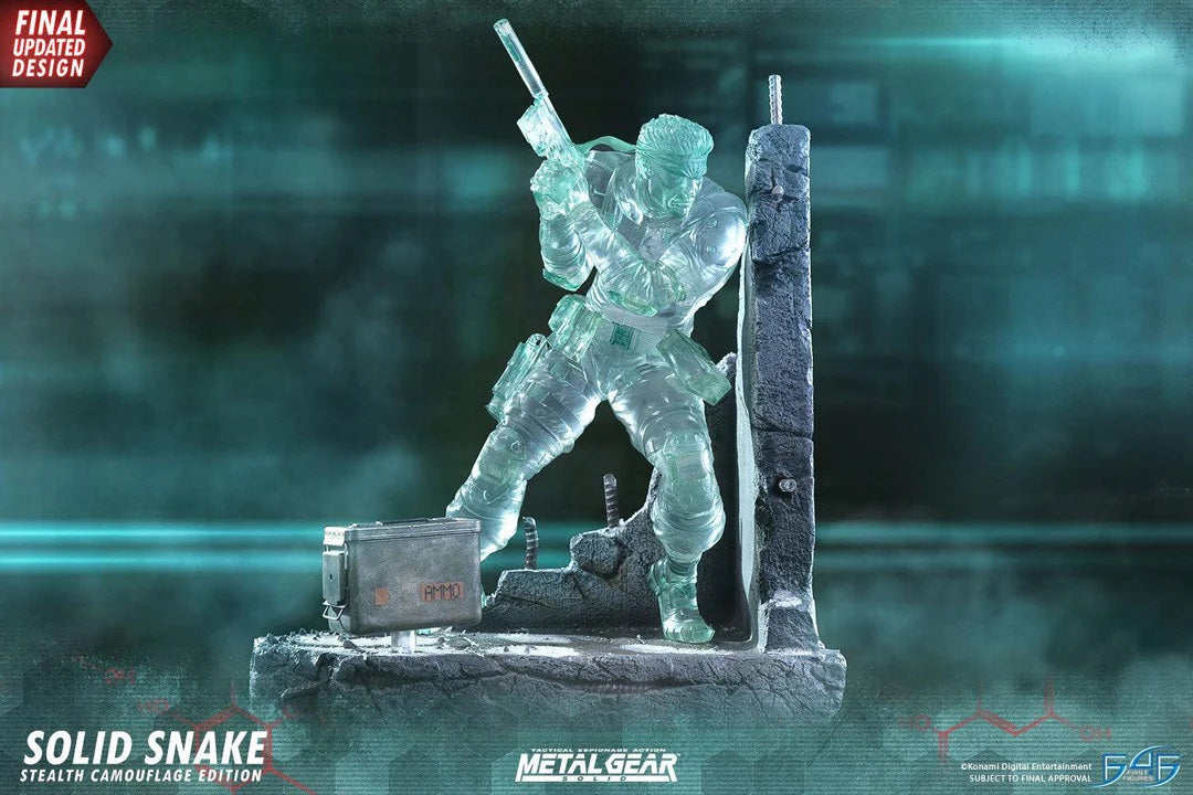 This statue has no edition number, and was a replacement and is in new and unopened condition. 

First 4 Figures is proud to present the highly anticipated Metal Gear Solid - Solid Snake Stealth Camouflage Edition statue.

With the real name of David, Solid Snake was a former spy, special ops solider, and mercenary. Being fluent in six languages and possessing an IQ of 180, Solid Snake was known as "the Man Who Makes the Impossible Possible". He became a living legend among the military black ops because of