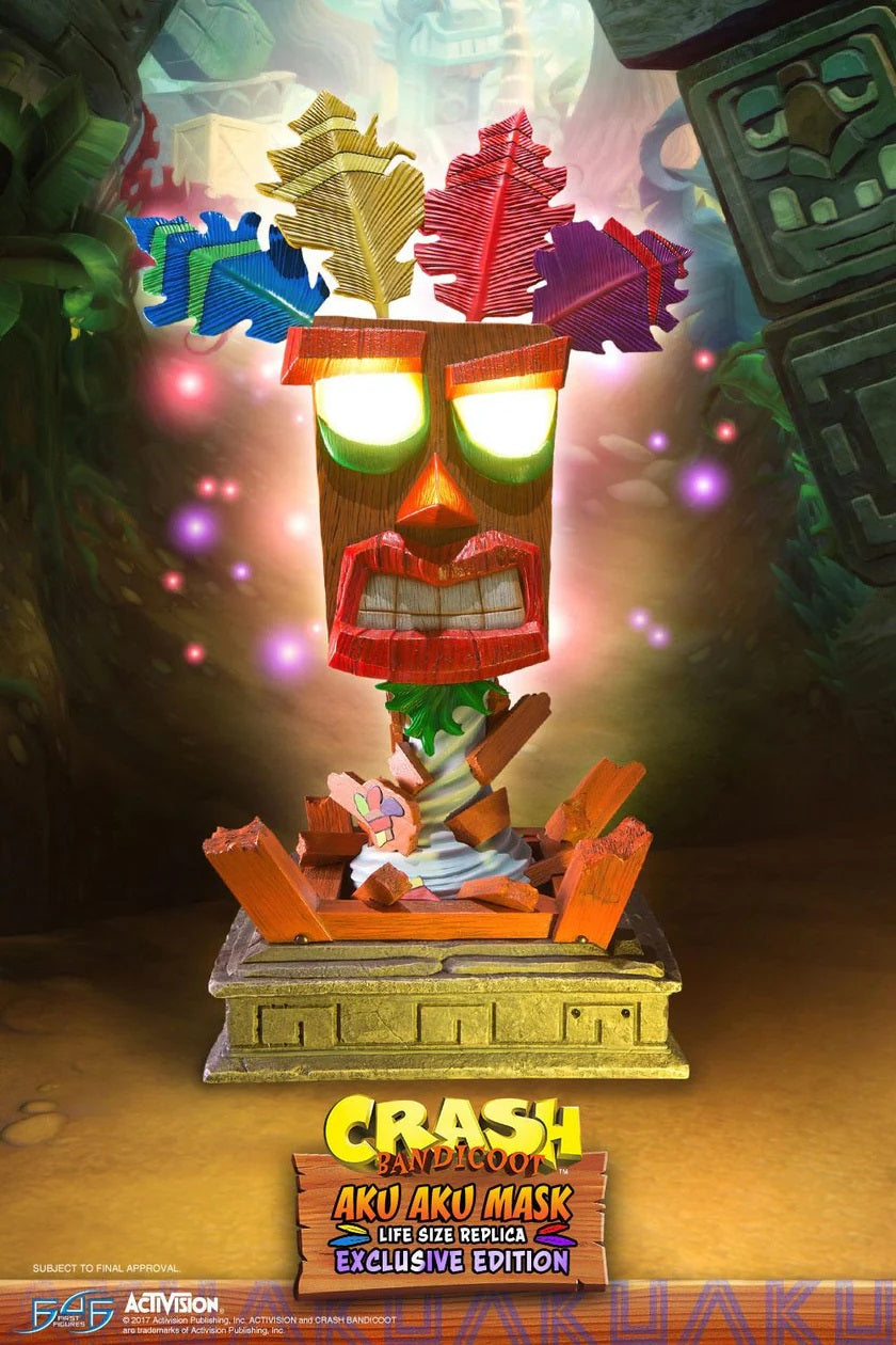 This statue has no edition number, and was a replacement and is in new and unopened condition. 

First 4 Figures is proud to present the highly anticipated Crash Bandicoot - Aku Aku Mask Exclusive Edition.

Aku Aku is an ancient benevolent witch doctor spirit who was reincarnated and is able to communicate through the aid of a special wooden mask. Throughout the Crash Bandicoot series, Aku Aku guides Crash, his sister Coco, and their friends as they defeat the forces of evil. He is also seen as a father fig