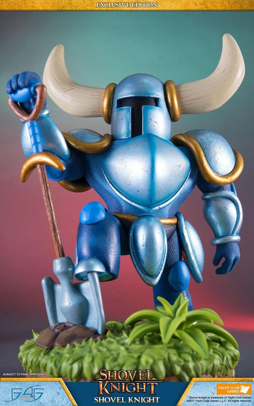 This statue has no edition number, and was a replacement and is in new and unopened condition.
Shovel Knight - Shovel Knight EXCLUSIVE edition comes with the following:-

Shovel Knight - Shovel Knight Statue
Highly detailed base inspired from The Plains, also known as the Plains of Passage straight from the first stage in the game.
Additional Headculpt - Fish Head, resembling the character '????'

roduct Size:

Height - 15.5 inches (39cm)

Width - 12 inches (30cm)

Depth - 10 inches (25cm)