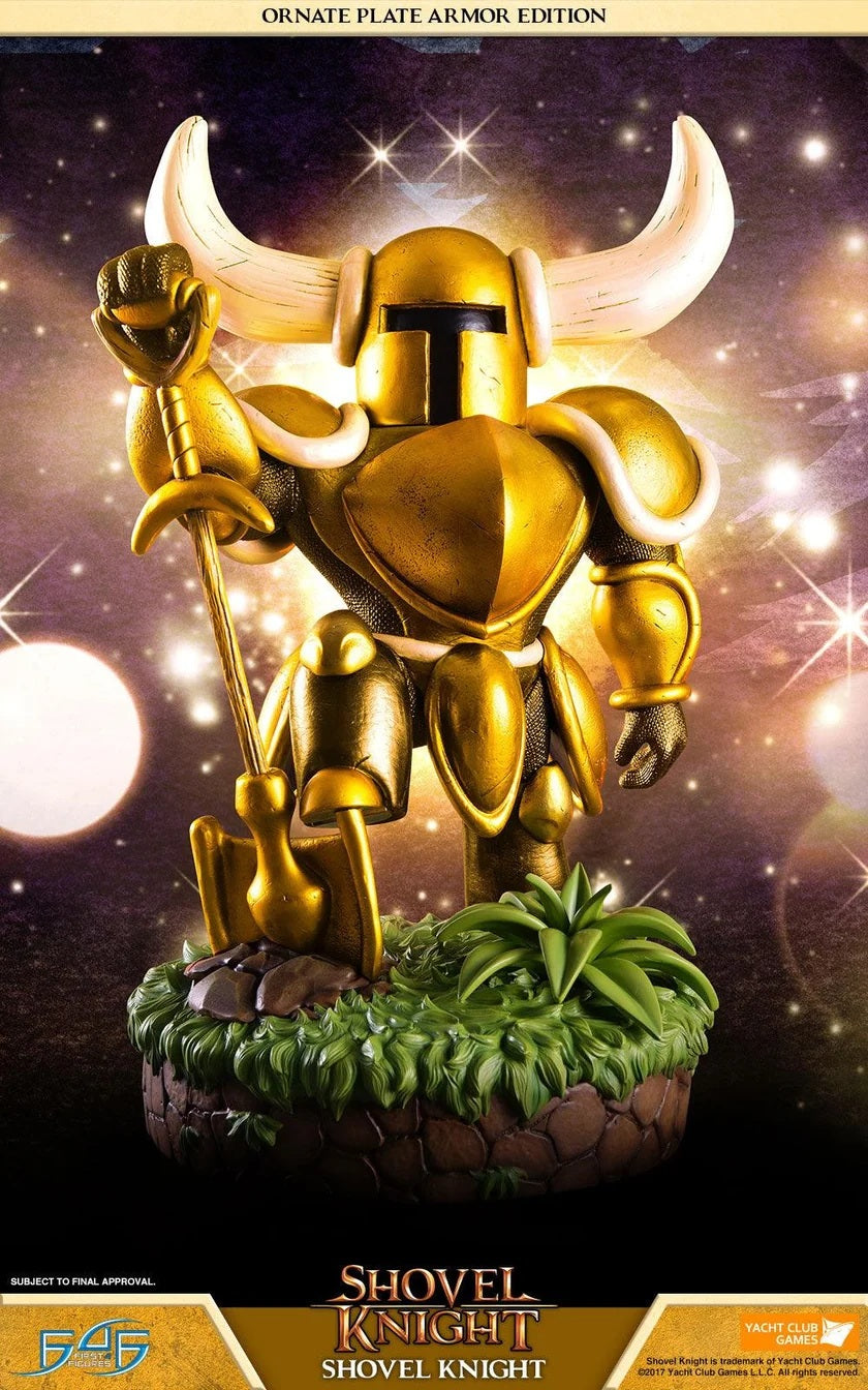 This statue has no edition number, and was a replacement and is in new and unopened condition. Shovel Knight - Shovel Knight Ornate Plate Armor edition comes with the following:-

Shovel Knight - Shovel Knight - Ornate Plate Armor Statue
Highly detailed base inspired from The Plains, also known as the Plains of Passage straight from the first stage in the game.
Additional Headculpt - Fish Head, resembling the character '????'