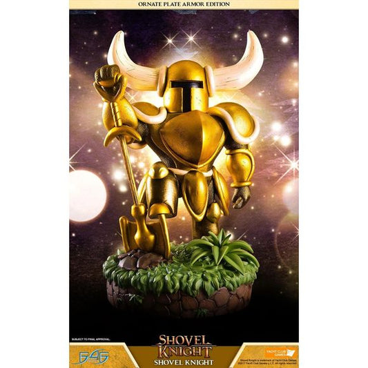 This statue has no edition number, and was a replacement and is in new and unopened condition. Shovel Knight - Shovel Knight Ornate Plate Armor edition comes with the following:-

Shovel Knight - Shovel Knight - Ornate Plate Armor Statue
Highly detailed base inspired from The Plains, also known as the Plains of Passage straight from the first stage in the game.
Additional Headculpt - Fish Head, resembling the character '????'