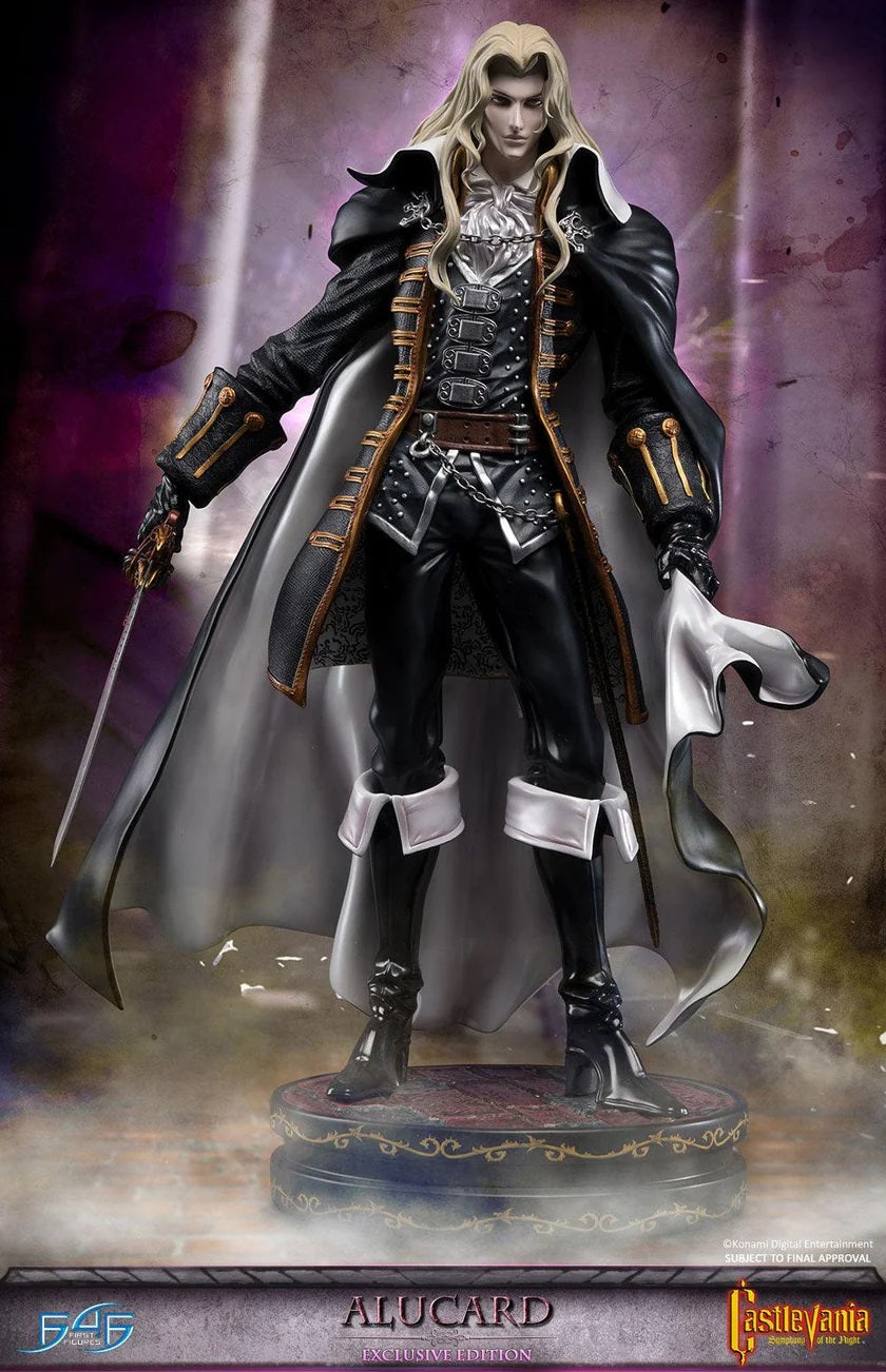 This item is new in box and never displayed.

First 4 Figures is proud to present the highly anticipated Castlevania: Symphony of the Night -  Alucard Exclusive Edition!

Alucard, also known as Adrian Fahrenheit Ţepeş, is the dhampir son of Dracula. Born because of an unnatural bond between Dracula and a human woman named Lisa, Alucard had special powers and was destined to be stronger than any human but not as strong as his father.

Alucard is a superb swordsman and typically wields one handed swords at ti