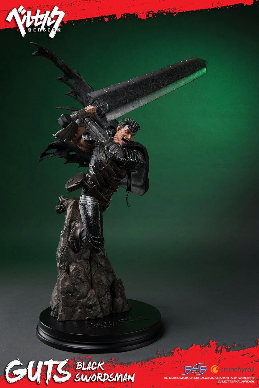 This statue has no edition number, and was a replacement and is in new and unopened condition.

First 4 Figures is proud to present the highly anticipated Berserk: GUTS: Black Swordsman resin statue.

Also known as the Black Swordsman, Guts is a former mercenary and bears the Brand of Sacrifice (the brand marks those for a sacrificial ceremony in which an apostle or God Hand is created). While traveling the world, Guts is in a constant internal struggle between protecting those dear to him and pursuing his