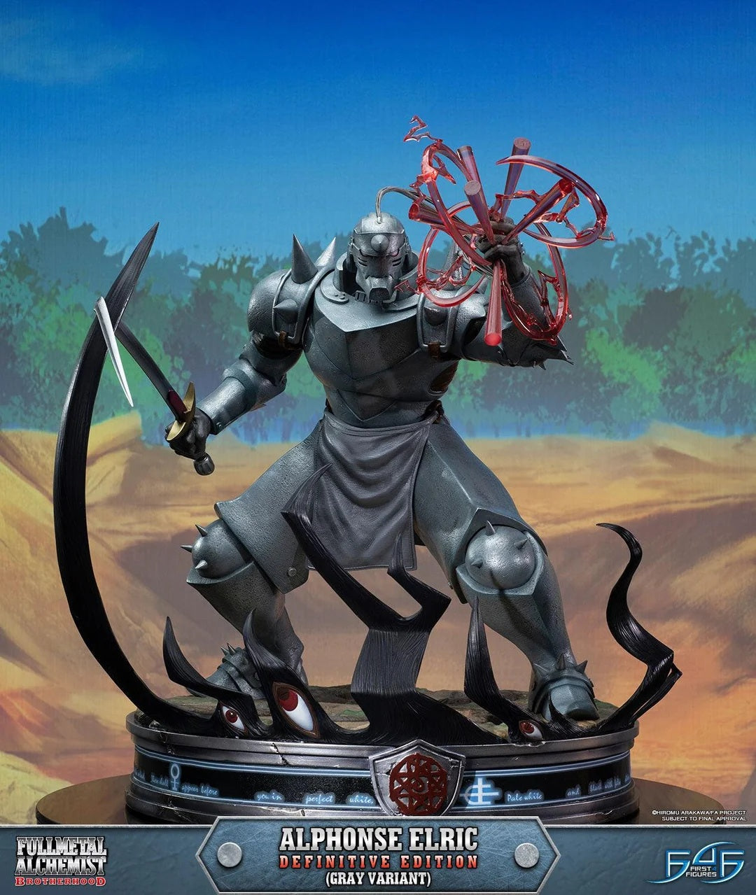 Fullmetal Alchemist Brotherhood- Alphonse Elric DEFINITIVE (GRAY VARIANT) edition comes with the following:-
Fullmetal Alchemist Brotherhood - Alphonse Elric (GRAY VARIANT) RESIN statue
Highly detailed base inspired by the theme and style from the Fullmetal Alchemist Brotherhood anime
Base comes with Glow in the Dark feature
Additional set of arms holding the Philosopher Stone and Manipulated Sword
Statue comes with TWO interchangeable head sculpts - Normal and Comical 
The normal head sculpt and the Philos
