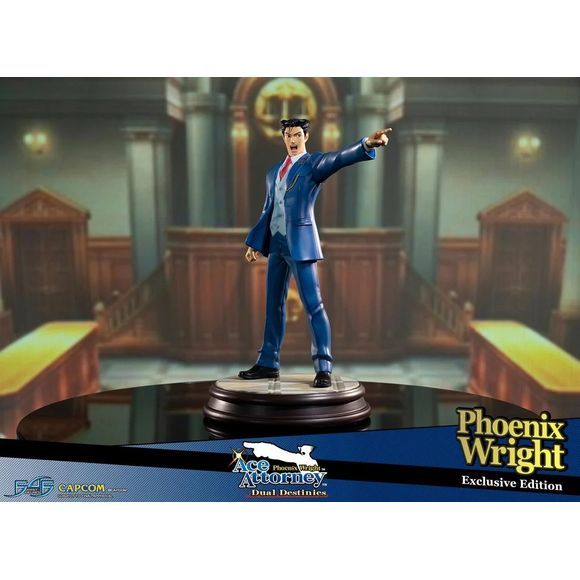 This statue is a replacement model and, as such, has no production number or authentication card.

First 4 Figures is proud to present the highly anticipated Phoenix Wright: Ace Attorney - Dual Destinies - Phoenix Wright statue.

Accused of stealing his classmate's lunch money back in the fourth grade, Phoenix Wright was inspired to become an attorney by a classmate (and son of a then renowned defense attorney) who came to his defense. Now, under the tutelage of Mia Fey of Fey & Co. Law Offices, the once ea