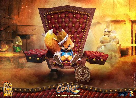 This statue has no edition number, and was a replacement and is in new and unopened condition. 

First 4 Figures is proud to present the highly anticipated Conker: Conker's Bad Fur Day – Conker Exclusive Edition statue!

"Well, here I am. Conker the king, king of all the land! Who'd have thought that? "But how did I come to this?", I hear ya say. "And who are those strange fellows that surround my throne?", that you also say. Well, it's a long story. Come closer, and I'll tell ya. It all started yesterday,