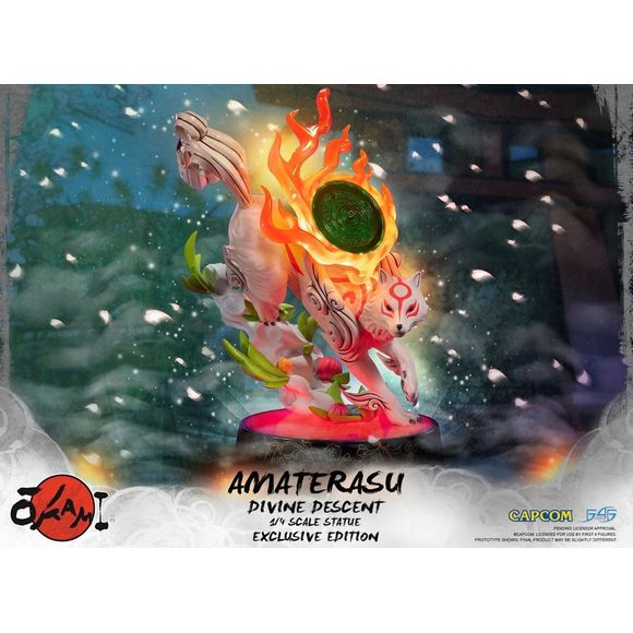 First 4 Figures is proud to introduce their latest ¼ scale resin collectible, Amaterasu: Divine Descent statue. This is the resin version of the Amaterasu 9” PVC statue.

The highly detailed Amaterasu statue is seen striking a dynamic pose, as if descending from the Celestial Plain. The base design is inspired by the smoke, foliage, and flower buds that trail behind Ammy the faster she sprints, and on the floor is the symbol of the Sunrise brush technique when performed successfully.