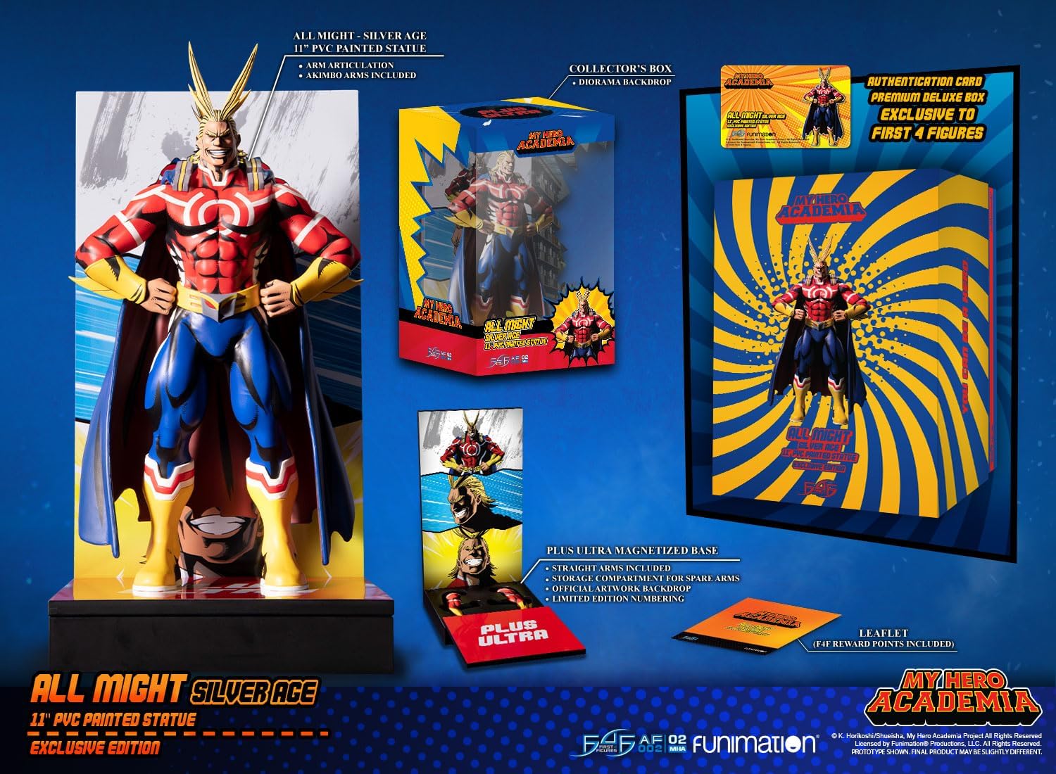 First 4 Figures is proud to introduce their newest type of PVC collectible with the launch of All Might: Silver Age PVC Action Figure.

Just like young Midoriya's action figure in the anime, our All Might is in his Silver Age costume and also features arm articulation. The shading details throughout the figure is also very accurate to the source, adding even more definition to the figure.

With the Exclusive Edition, you can interchange All Might's straight arms with the additional pair of akimbo arms that