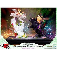 First 4 Figures is proud to introduce their latest resin collectible, Chibiterasu vs. Dark Chibiterasu & Possessed Kuni.

The statue's concept is inspired by the final boss battle in Okamiden, where Chibiterasu and Isshaku are teleported to a new area and find a mysterious mirror in the middle of the stage. After closer inspection, Chibiterasu's reflection slowly begins to transform into an evil version of himself and breaks free from the mirror. And from a cloud of smoke emerged Chibi's partner, Kuni, who