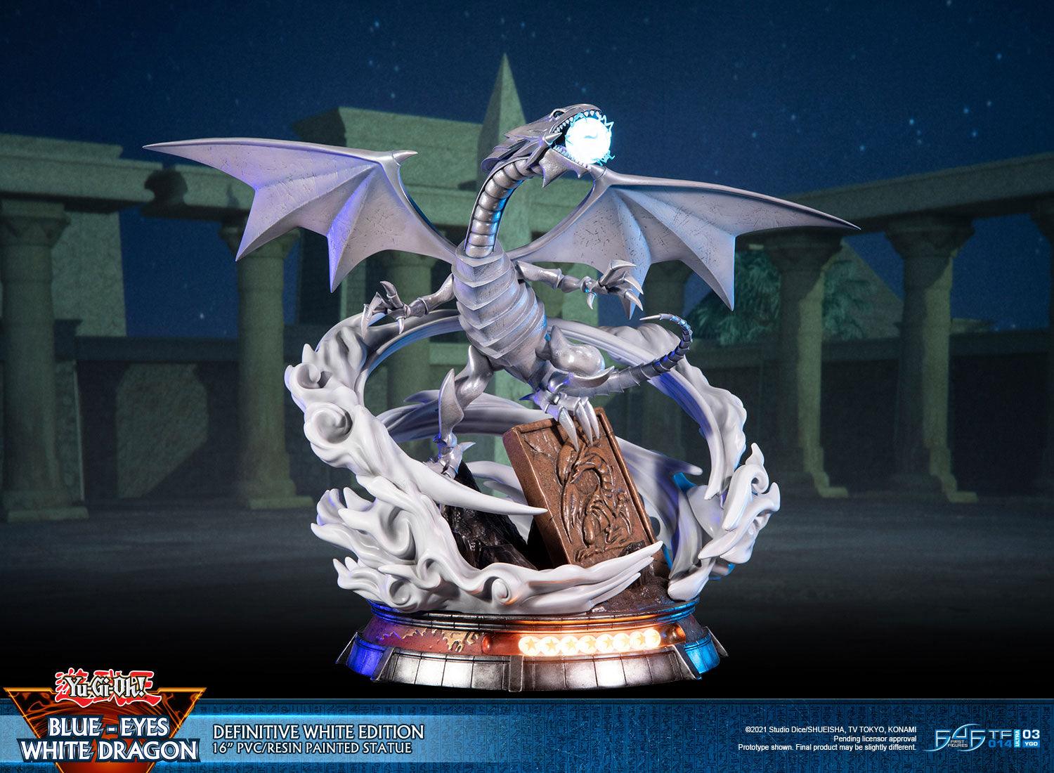 First 4 Figures is proud to introduce their latest PVC statue collectible, Blue-Eyes White Dragon! This is the first statue to release in the all-new Yu-Gi-Oh! PVC lineup. 
The Definitive Edition of this statue comes with two neck sculpts (downward-facing and elongated) and a head sculpt with interchangeable lower jaws, one of which features Blue-Eyes White Dragon's ultimate attack, the Burst Stream of Destruction, which has LED lights in it.

Measures approximately 16" tall