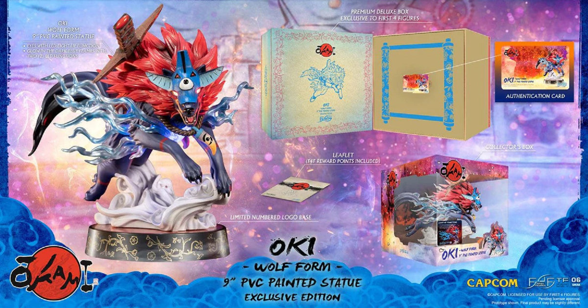 This statue has no edition number, and was a replacement and is in new and unopened condition. 

First 4 Figures is proud to introduce their latest PVC collectible, Oki (Wolf Form).

Oki is a warrior from the Oina tribe, and this particular PVC statue is of him in his wolf form. When in his wolf form, Oki has a blue aura emanating from his chest, making him look even more fierce and powerful. And the cloud of smoke on the base makes the piece even more dynamic as if a trail was left behind as he jumps into