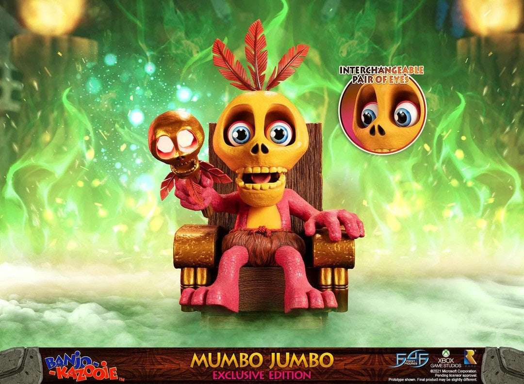 This statue has no edition number, and was a replacement and is in new and unopened condition.

First 4 Figures is proud to introduce their latest resin collectible, Mumbo Jumbo.

Mumbo Jumbo is often found seated on his chair inside the Mumbo Skull hut, waiting for Banjo-Kazooie to arrive so that he can perform his mighty Mumbo Magic on them. The shaman uses his Zap Stick to perform his transformation magic on the bear and bird duo and, in turn, asks for Mumbo Tokens in exchange for his services.

For the