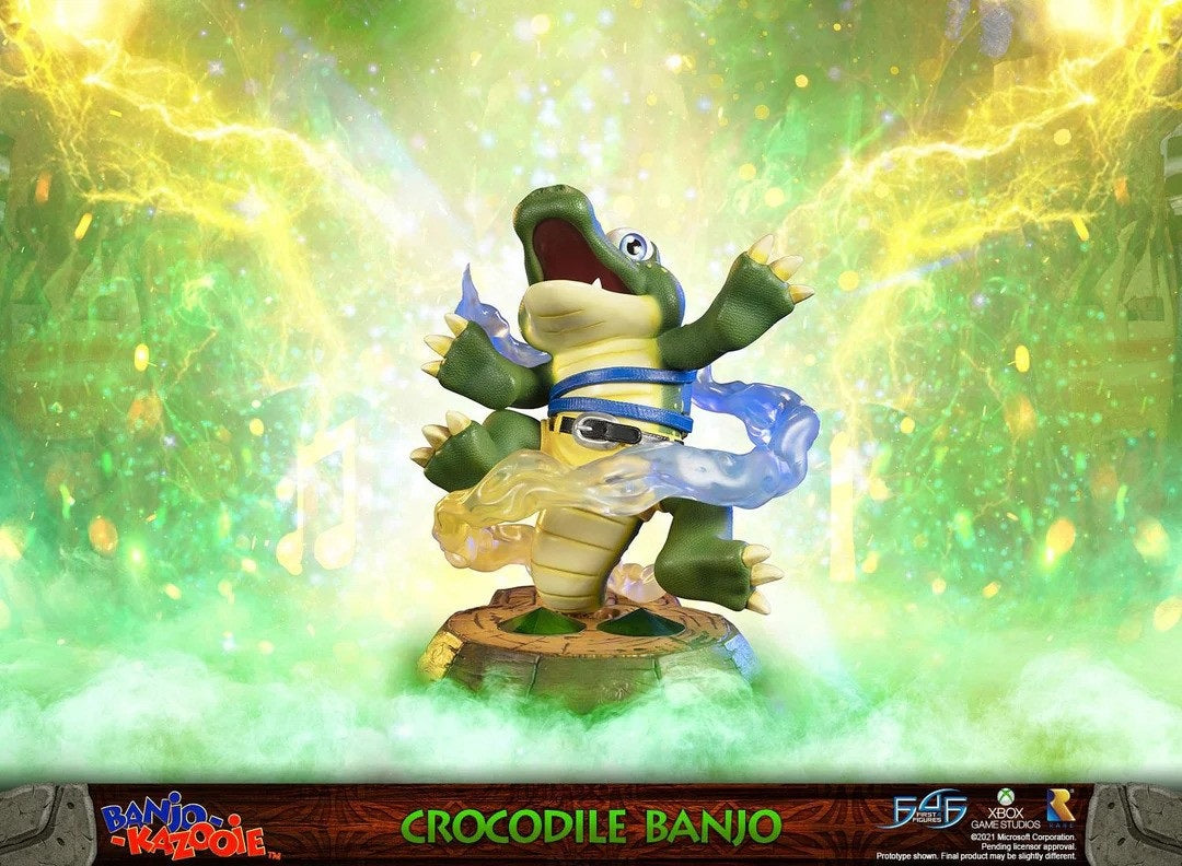 This statue has no edition number, and was a replacement and is in new and unopened condition.

First 4 Figures proudly presents their latest resin collectible, Crocodile Banjo!

One of the many transformations that Banjo-Kazooie undergoes in the original game is turning into a crocodile in the Bubblegloop Swamp level, which will allow Banjo-Kazooie to swim in the piranha-infested waters and challenge Mr. Vile in his mini-game.

The base Crocodile Banjo is mounted on replicates the skull button that Banjo-K