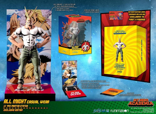 First 4 Figures is proud to introduce their latest PVC collectible, All Might: Casual Wear PVC Action Figure.

Like young Midoriya's action figure in the anime, our All Might is in his casual wear and features arm articulation. The shading details throughout the figure are also very accurate to the source, adding even more definition to the figure.

With the Exclusive Edition, you can interchange All Might's straight arms with the additional pair of akimbo arms that it comes with, which can also articulate.