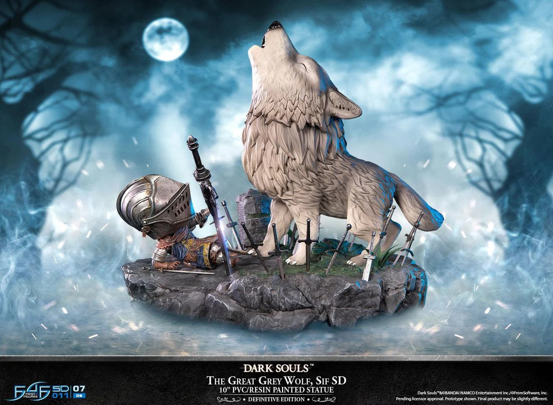 This statue has no edition number, and was a replacement and is in new and unopened condition. 

First 4 Figures is proud to introduce their latest PVC statue collectible, The Great Grey Wolf, Sif SD Definitive Edition!

There is a cutscene that plays just before the start of The Great Grey Wolf, Sif boss battle. During the alternate cutscene, the player character falls on their back as The Great Grey Wolf, Sif slowly approaches them.

The Definitive Edition of this statue captures that entire cutscene in s