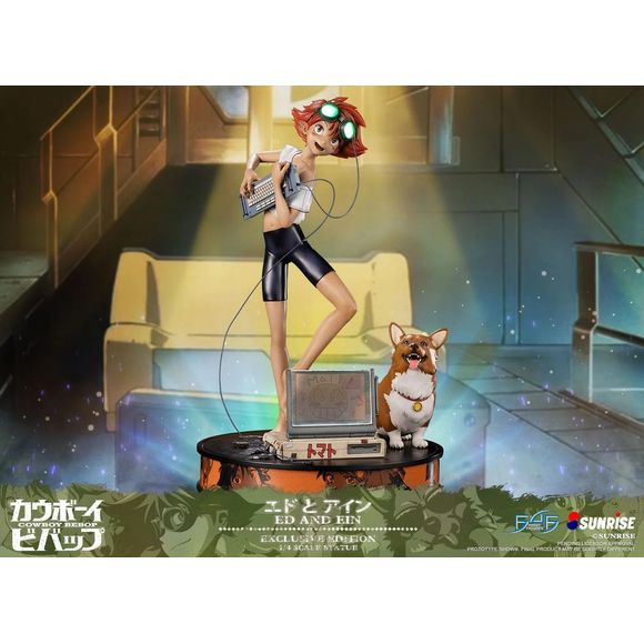 This statue was a sample produced for Funimation and, as such, has no production number or card of authenticity.

First 4 Figures is proud to introduce their latest resin collectible, Ed and Ein.

The concept for this statue revolves around the personality of Edward Wong Hau Pepelu Trivruski IV (or Ed for short). As the technology expert and hacker of the Bebop crew, Ed is never seen without her trusty computer and goggles, which are attached to her computer and allows her to "see" the internet. On the othe