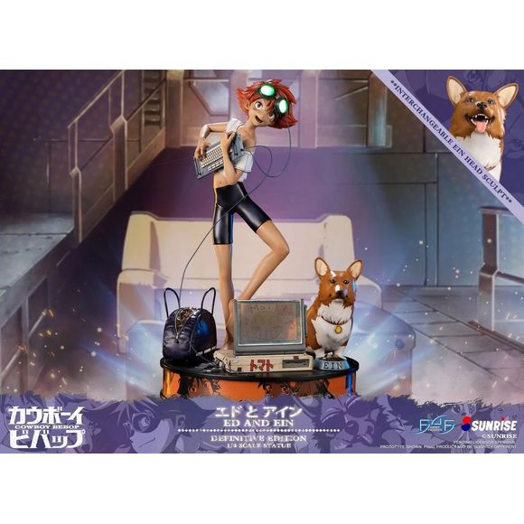 This statue is a sample that was produced for Funimation and, as such, has no edition number or card of authenticity

First 4 Figures is proud to introduce their latest resin collectible, Ed and Ein. This is the fourth statue to release in the Cowboy Bebop lineup. The concept for this statue revolves around the personality of Edward Wong Hau Pepelu Trivruski IV (or Ed for short). As the technology expert and hacker of the Bebop crew, Ed is never seen without her trusty computer and goggles, which are attach