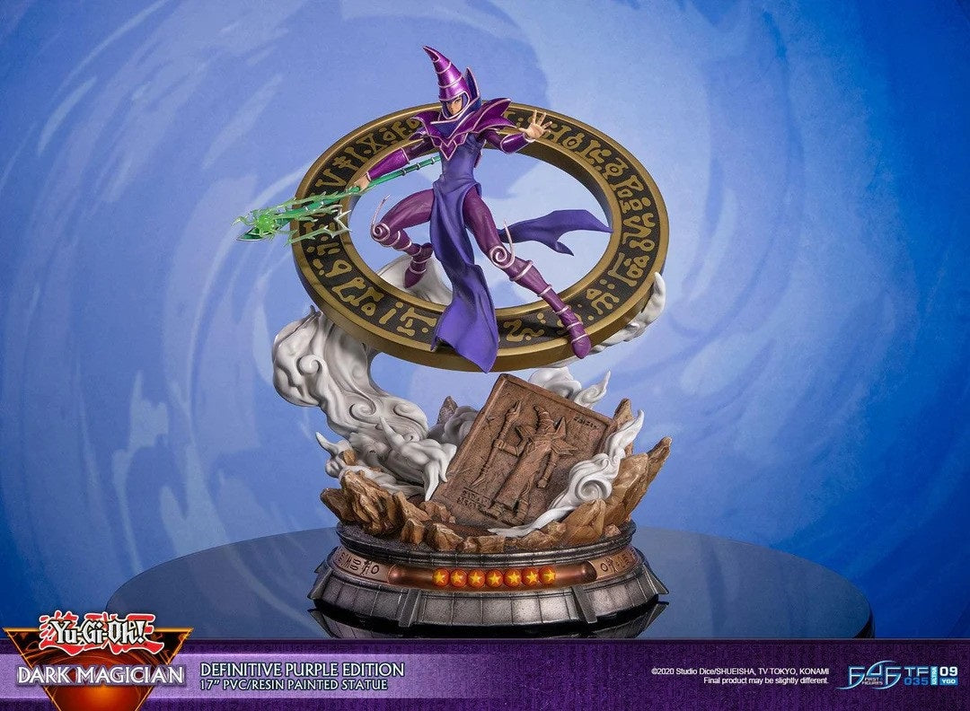 The statue's concept is inspired by one of Dark Magician's iconic summoning poses in the anime, where he's in this "ready for action" stance with the Dark Magical Circle in the background. He has his left arm stretched out and is wielding the Magician's Rod in his right hand, ready to cast his signature spell: Dark Magic Attack. The Definitive Edition of this statue comes with LED functionality for the Dark Magical Circle, as well as glow-in-the-dark attack effects on the Magician's Rod.

Since the Dark Mag