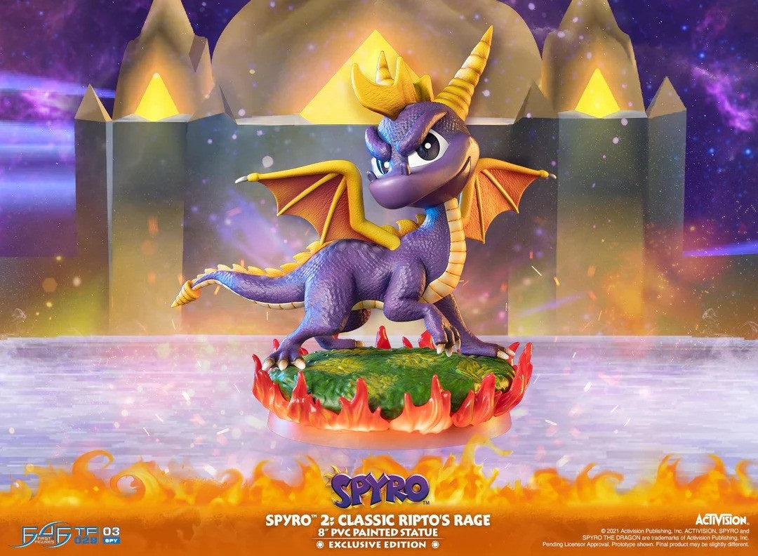 First 4 Figures is proud to introduce their latest PVC collectible, Spyro™ 2: Classic Ripto's Rage Exclusive Edition.

The concept for this statue is inspired by the official cover of the classic Spyro™ 2: Classic Ripto's Rage video game, from the pose of Spyro down to the design of the PVC base. The tilt of Spyro's head, his right paw up, the slight lean forward, the grassy terrain on fire that Spyro is standing on, and everything in between all directly matches the official video game cover the statue is