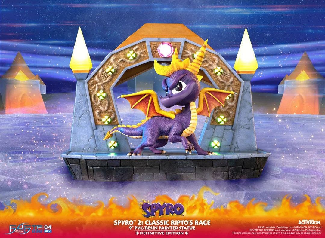 This statue has no edition number, and was a replacement and is in new and unopened condition. 

First 4 Figures is proud to introduce their latest PVC collectible, Spyro™ 2: Classic Ripto's Rage Definitive Edition.

The Definitive Edition of this statue comes with a base made out of resin, and its design is based on the portal found in the final cutscene of the game after defeating Ripto, which transports Spyro back to Dragon Shores.  Spyro himself is a deluxe PVC figure. The orbs and triangles of the port